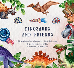 58张高清背景透明的北欧风水彩/恐龙/植物/海鲜图片：Dinosaurs and Friends